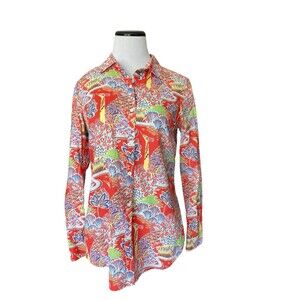 J. McLaughlin Womens Lois Shirt Size S Red Paradise Tropical Ornate Birds Artsy